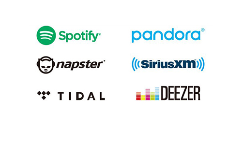 Spotify, Pandora, Napster, SiriusXM, Tidal, and Deezer logos